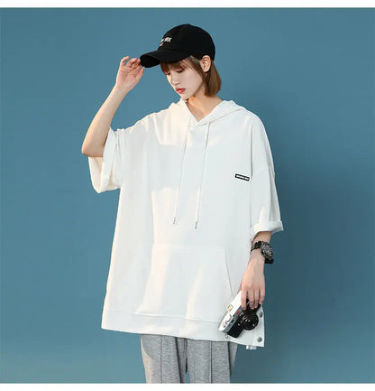 【韓国ストリート】ルーズ半袖フーディーTシャツ