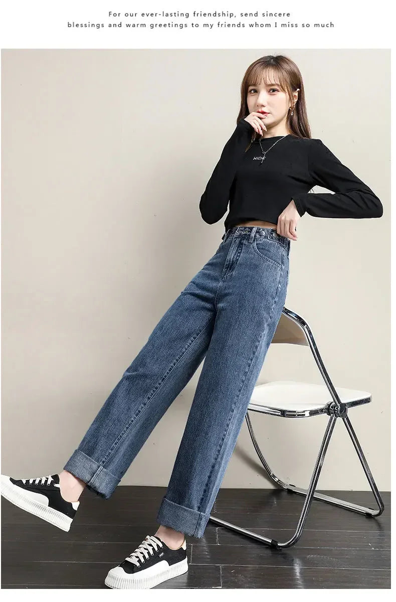 ルーズフィット レディースジーンズ ハイウエスト調整可能 ストレートクロッチ レトロスタイル パンツ 綿素材 快適 カジュアルスタイル