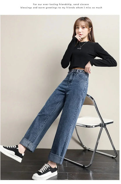 ルーズフィット レディースジーンズ ハイウエスト調整可能 ストレートクロッチ レトロスタイル パンツ 綿素材 快適 カジュアルスタイル
