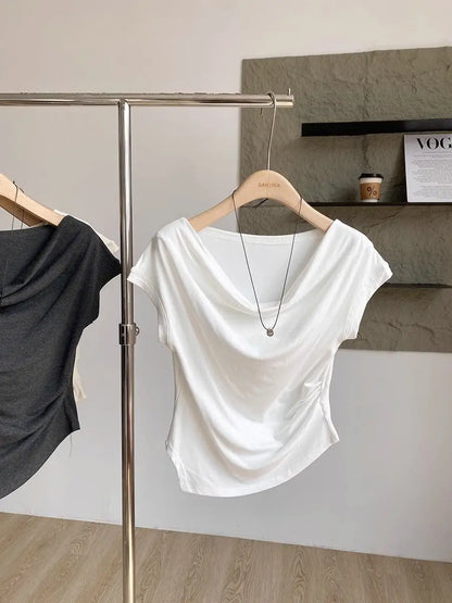 【韓国きれいめ】アシンメトリーウエストドロストモダールTシャツ