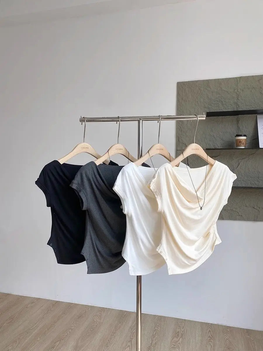 【韓国きれいめ】アシンメトリーウエストドロストモダールTシャツ