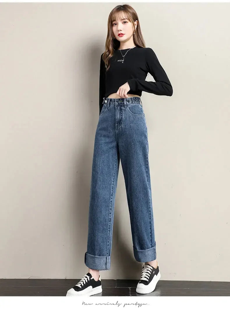 ルーズフィット レディースジーンズ ハイウエスト調整可能 ストレートクロッチ レトロスタイル パンツ 綿素材 快適 カジュアルスタイル
