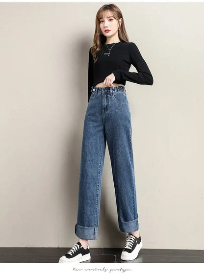 ルーズフィット レディースジーンズ ハイウエスト調整可能 ストレートクロッチ レトロスタイル パンツ 綿素材 快適 カジュアルスタイル