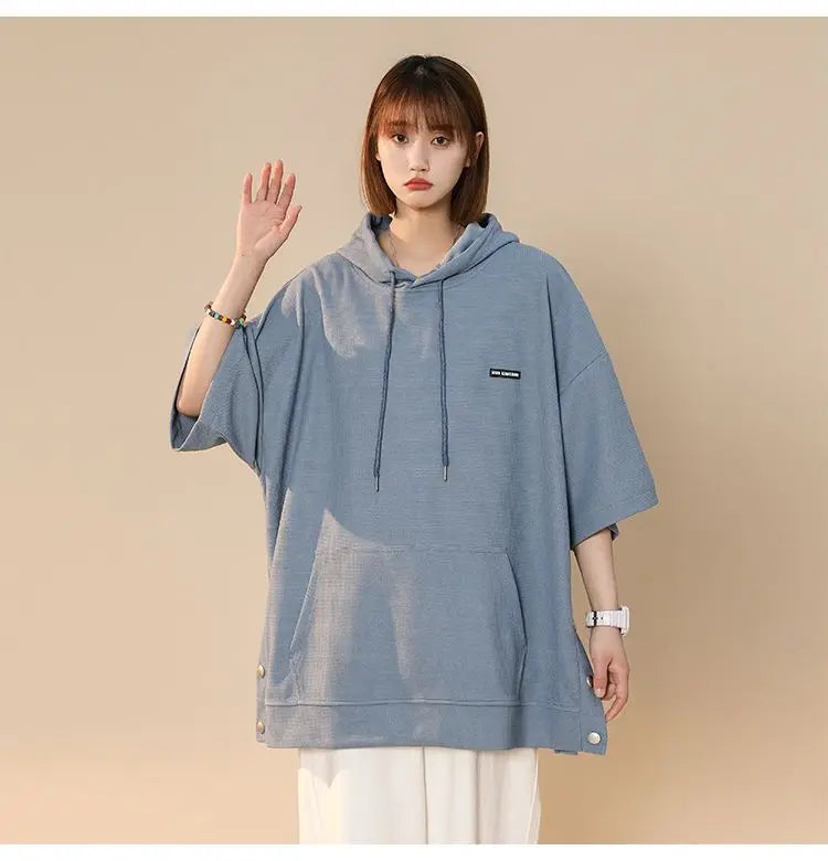 【韓国ストリート】ルーズ半袖フーディーTシャツ