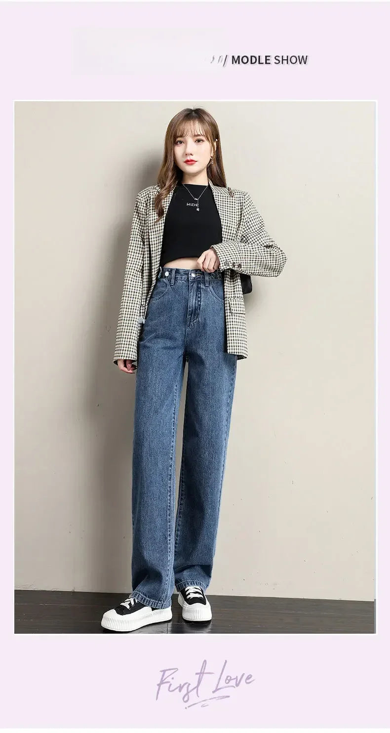 ルーズフィット レディースジーンズ ハイウエスト調整可能 ストレートクロッチ レトロスタイル パンツ 綿素材 快適 カジュアルスタイル