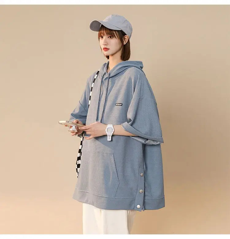 【韓国ストリート】ルーズ半袖フーディーTシャツ