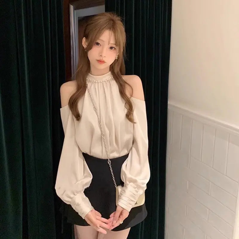 甘めブラウス レディース Oネック長袖オフショルダートップス 気品あるファッション韓国風レディースシャツ