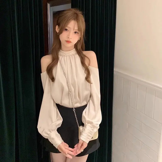 甘めブラウス レディース Oネック長袖オフショルダートップス 気品あるファッション韓国風レディースシャツ