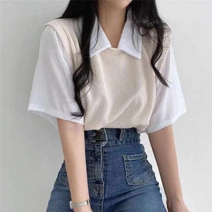 学院風カラーブロッキング ポロ襟 フェイク2ピース 半袖Tシャツ レディース カジュアル ルーズ 万能トップス