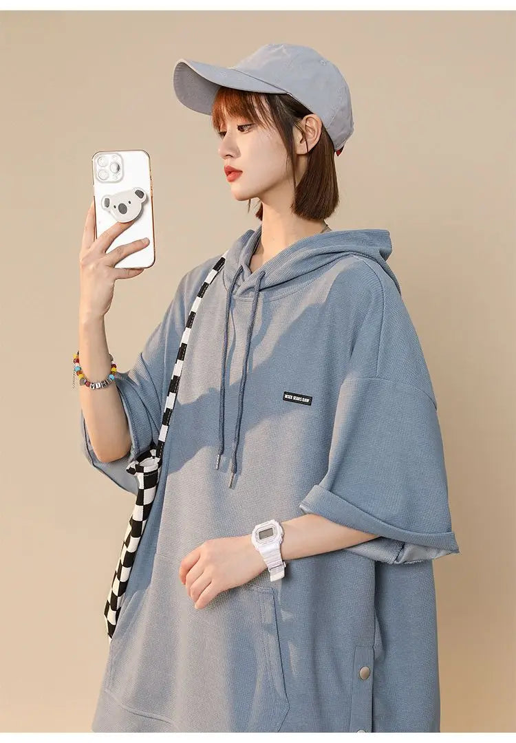 【韓国ストリート】ルーズ半袖フーディーTシャツ