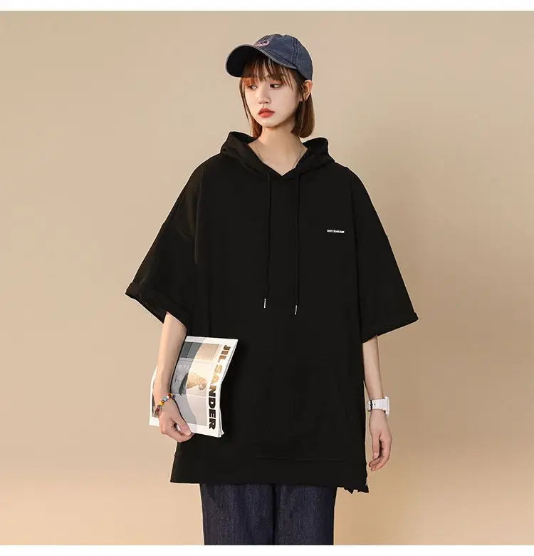 【韓国ストリート】ルーズ半袖フーディーTシャツ