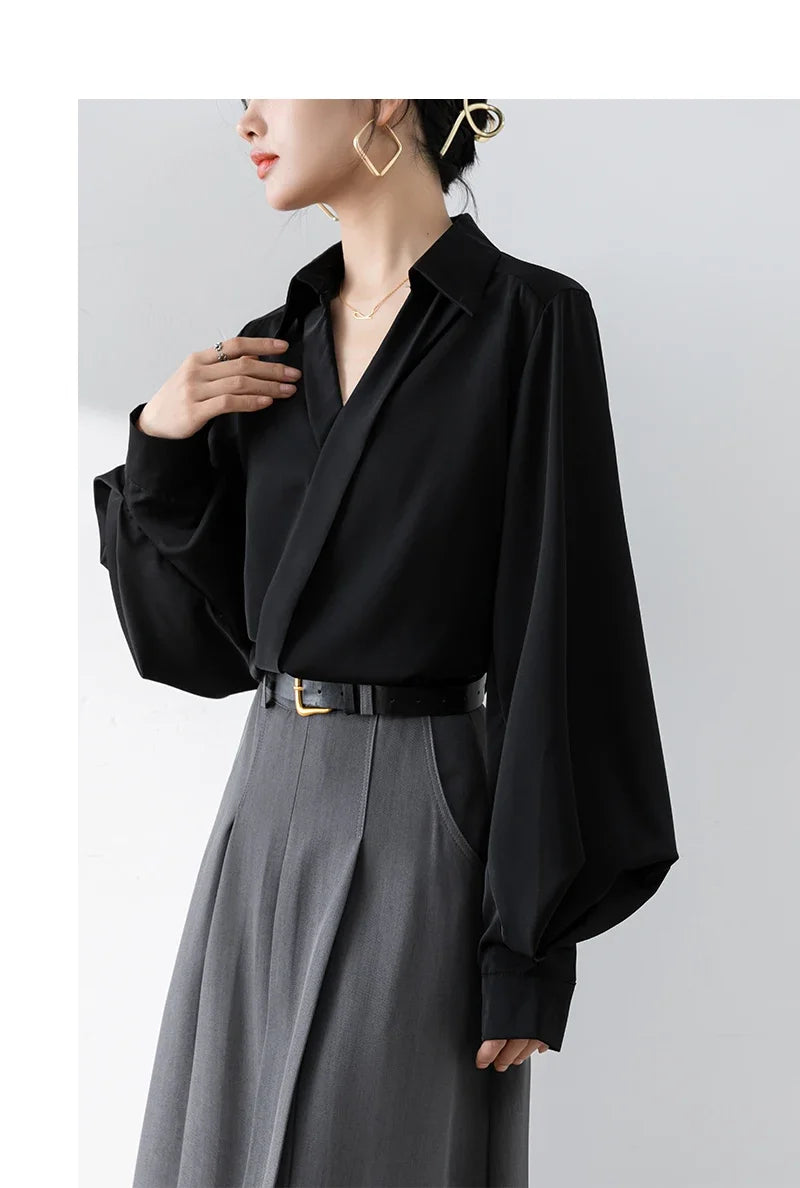 ランタンスリーブシフォン クロスVネック レディースブラウス ワイン エレガント韓国風 オフィスレディシャツ 春夏