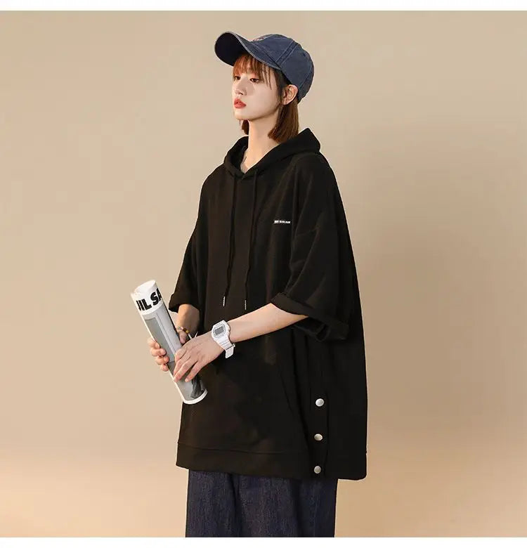 【韓国ストリート】ルーズ半袖フーディーTシャツ