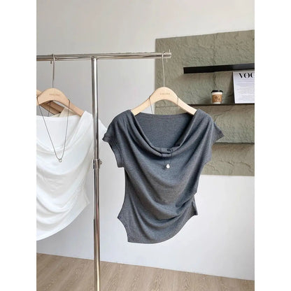 【韓国きれいめ】アシンメトリーウエストドロストモダールTシャツ