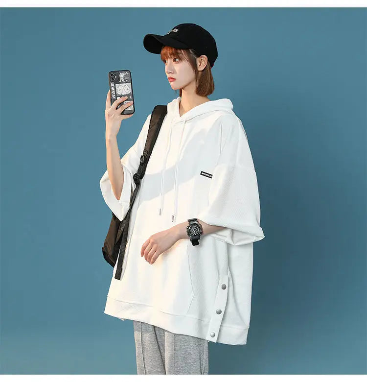 【韓国ストリート】ルーズ半袖フーディーTシャツ