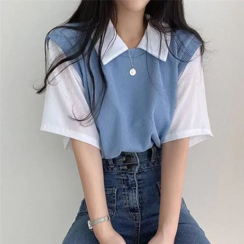 学院風カラーブロッキング ポロ襟 フェイク2ピース 半袖Tシャツ レディース カジュアル ルーズ 万能トップス