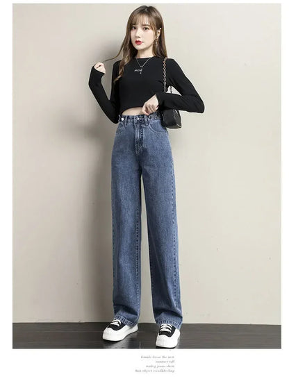 ルーズフィット レディースジーンズ ハイウエスト調整可能 ストレートクロッチ レトロスタイル パンツ 綿素材 快適 カジュアルスタイル