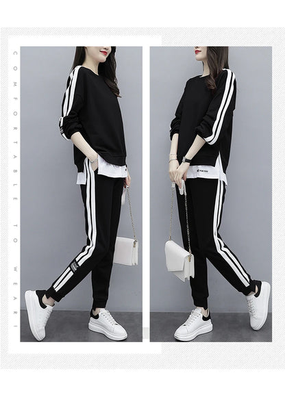 カジュアルスポーツウェアセット ゆったり大きいサイズ トレンディスウェットシャツ 友達コーデ ロングパンツ ラウンドネック