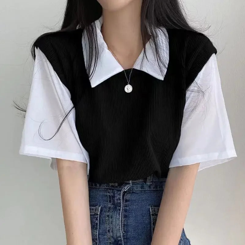 学院風カラーブロッキング ポロ襟 フェイク2ピース 半袖Tシャツ レディース カジュアル ルーズ 万能トップス