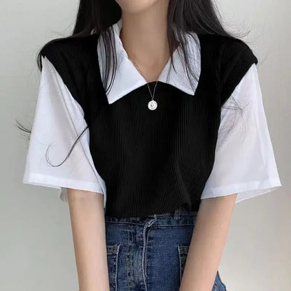 学院風カラーブロッキング ポロ襟 フェイク2ピース 半袖Tシャツ レディース カジュアル ルーズ 万能トップス