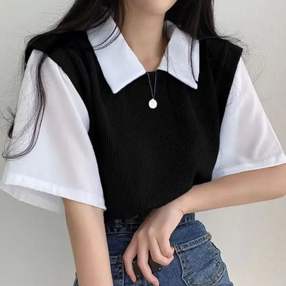 学院風カラーブロッキング ポロ襟 フェイク2ピース 半袖Tシャツ レディース カジュアル ルーズ 万能トップス