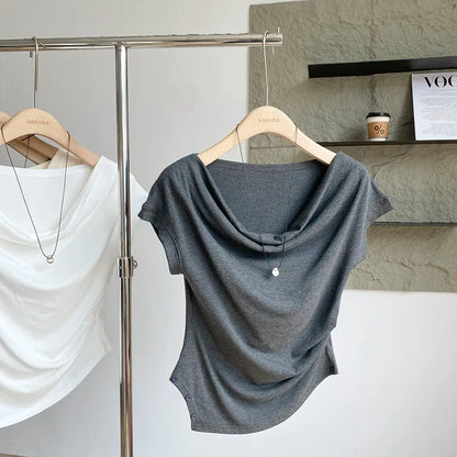 【韓国きれいめ】アシンメトリーウエストドロストモダールTシャツ