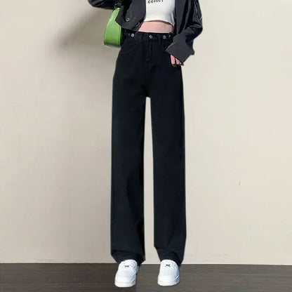 ルーズフィット レディースジーンズ ハイウエスト調整可能 ストレートクロッチ レトロスタイル パンツ 綿素材 快適 カジュアルスタイル