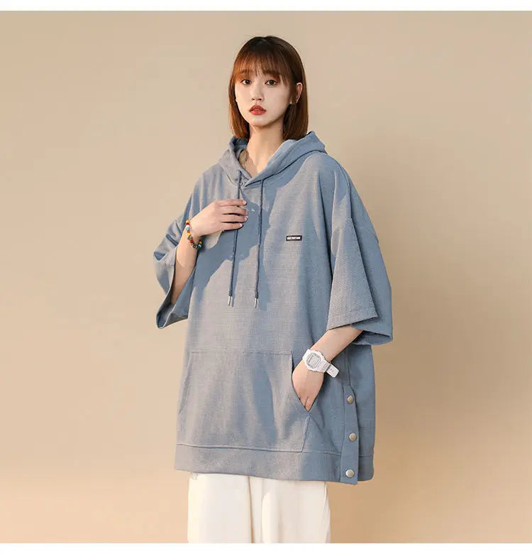 【韓国ストリート】ルーズ半袖フーディーTシャツ